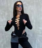 Hollow Out Tie Up Patchwork Bodysuit GAXB-W256BS