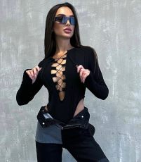Hollow Out Tie Up Patchwork Bodysuit GAXB-W256BS