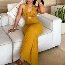 3D Flower Halterneck Solid Color Maxi Dress GJYO-301730