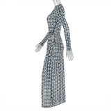 Long Sleeve Print Split Maxi Dress GJYO-303235