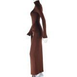 Solid Color Long Sleeve Tie Up Maxi Dress GJYO-300065
