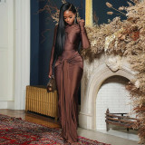 Solid Color Long Sleeve Tie Up Maxi Dress GJYO-300065