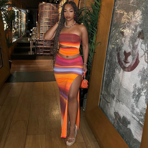 Gradient-Printed Sleeveless Sexy Strapless Skirt Set GJYO-711652