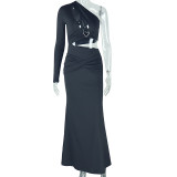 Single Shoulder Solid Color Split Maxi Dress GJYO-302213