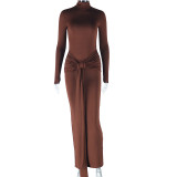 Solid Color Long Sleeve Tie Up Maxi Dress GJYO-300065