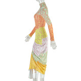 Letter Print Long Sleeve Patchwork Maxi Dress GJYO-303082