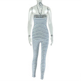 Stripe Backless Sport Halterneck Jumpsuit GJYO-006277