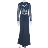 Solid Color Ruched Mesh Maxi Dress GJYO-302259