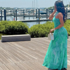 Off Shoulder Print Ruched Maxi Dress GJYO-303135