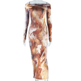 Print Off Shoulder Long Sleeve Maxi Dress GJYO-300115