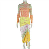 Letter Print Long Sleeve Patchwork Maxi Dress GJYO-303082