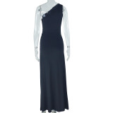 Single Shoulder Solid Color Split Long Dress GJYO-301590