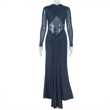 Solid Color Ruched Mesh Maxi Dress GJYO-302259