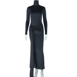 Solid Color Long Sleeve Tie Up Maxi Dress GJYO-300065