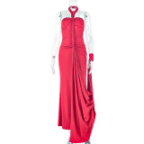 Solid Color Off Shoulder Tie Up Evening Dress GJYO-302558