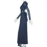 Solid Color Ruched Mesh Maxi Dress GJYO-302259