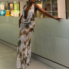 Print Sleeveless V Neck Long Skirt 2 Piece Set GJYO-711719