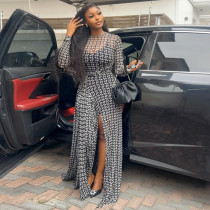 Long Sleeve Print Split Maxi Dress GJYO-303235