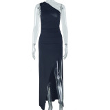 Single Shoulder Solid Color Split Long Dress GJYO-301590