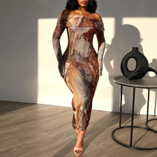Print Off Shoulder Long Sleeve Maxi Dress GJYO-300115
