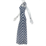 Black White Stripe V Neck Sling Maxi Dress GJYO-303183