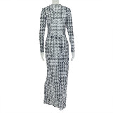 Long Sleeve Print Split Maxi Dress GJYO-303235