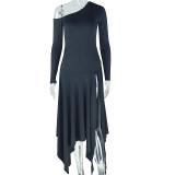 Slash Shoulder Solid Color Irregular Dress GJYO-302302