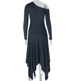 Slash Shoulder Solid Color Irregular Dress GJYO-302302