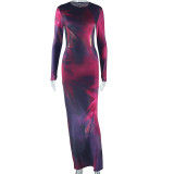 Long Sleeve Print O Neck Maxi Dress GJYO-759780