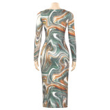 U Neck Print Long Sleeve Maxi Dress GAXB-A622DS