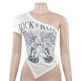 Letter Print Slash Neck Split Tops GAXB-C020TP