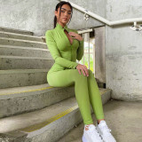 Solid Color Zipper Yoga Sport Two Piece Pants Set GJYO-917051