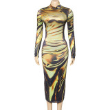 Round Neck Long Sleeve Print Maxi Dress GAXB-A332DS