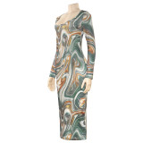 U Neck Print Long Sleeve Maxi Dress GAXB-A622DS