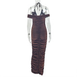 Halterneck V Neck Ruched Long Dress GJYO-303530