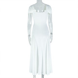 V Neck Short Sleeve Backless Pleated Maxi Dress GJYO-302515