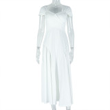 V Neck Short Sleeve Backless Pleated Maxi Dress GJYO-302515