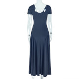 V Neck Short Sleeve Backless Pleated Maxi Dress GJYO-302515