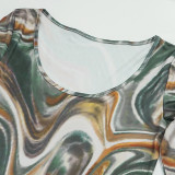 U Neck Print Long Sleeve Maxi Dress GAXB-A622DS
