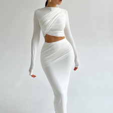 Long Sleeve Solid Color Two Piece Skirts Set GJYO-711079