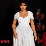 V Neck Short Sleeve Backless Pleated Maxi Dress GJYO-302515