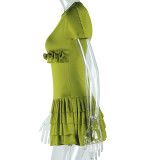 Short Sleeve O Neck Pleated Mini Dress GJYO-302000