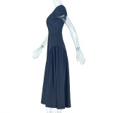 V Neck Short Sleeve Backless Pleated Maxi Dress GJYO-302515