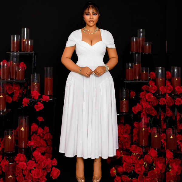 V Neck Short Sleeve Backless Pleated Maxi Dress GJYO-302515