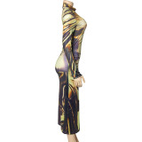 Round Neck Long Sleeve Print Maxi Dress GAXB-A332DS