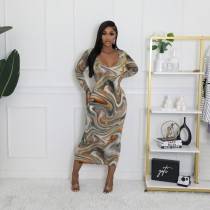 U Neck Print Long Sleeve Maxi Dress GAXB-A622DS