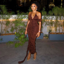 Halterneck V Neck Ruched Long Dress GJYO-303530
