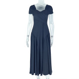 V Neck Short Sleeve Backless Pleated Maxi Dress GJYO-302515