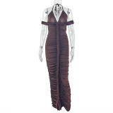 Halterneck V Neck Ruched Long Dress GJYO-303530