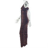 Halterneck V Neck Ruched Long Dress GJYO-303530